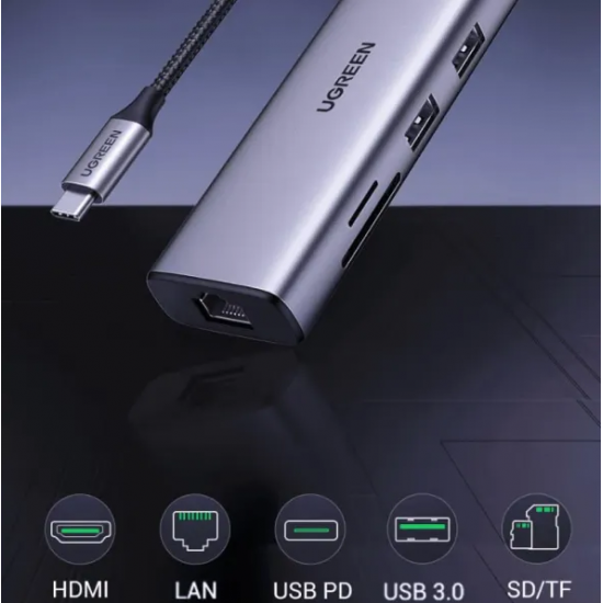 Bộ chuyển đổi USB Type-C sang HDMI+SD+TF+2 cổng USB 3.0+RJ45 Ugreen(90568)