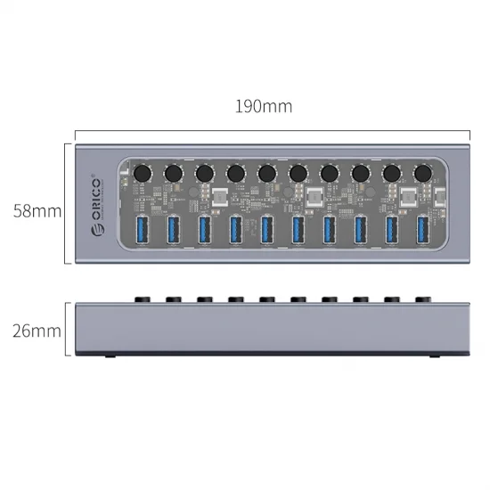 Bộ chia USB HUB 10 cổng USB 3.0 với các công tắc riêng lẻ ORICO (AT2U3-10AB-GY) Bộ chia USB HUB 10 cổng USB 3.0 với các công tắc riêng lẻ ORICO (AT2U3-10AB-GY)