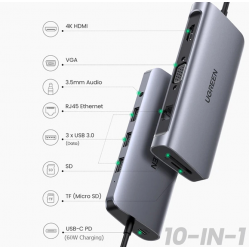 Bộ Chuyển USB C 10 in 1 UGREEN 80133 USB C to 3 USB 3.0+HDMI 4K + VGA + RJ45 Gigabit + SD/TF + Audio 3.5mm + PD Power Delivery