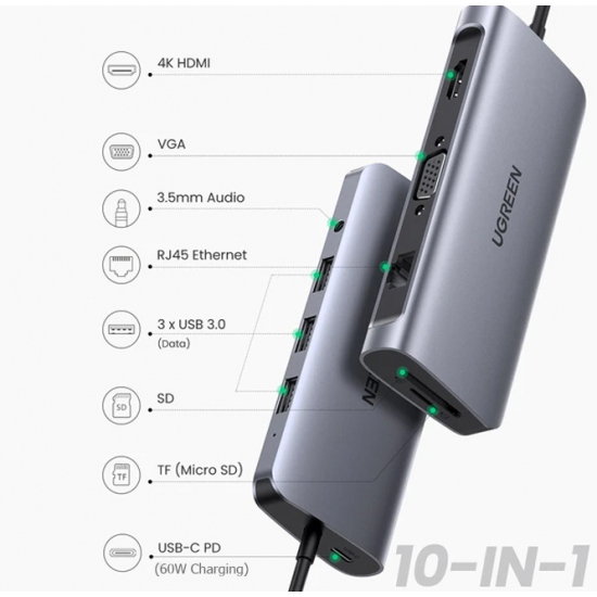 Bộ Chuyển USB C 10 in 1 UGREEN 80133 USB C to 3 USB 3.0+HDMI 4K + VGA + RJ45 Gigabit + SD/TF + Audio 3.5mm + PD Power Delivery
