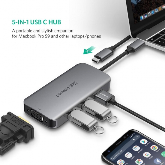 Bộ chuyển USB-C sang VGA kèm Hub USB 3.0 Cao Cấp Ugreen 50210
