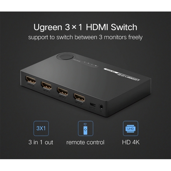 Bộ gộp HDMI 3 vào 1 ra hỗ trợ 3D full HD chính hãng Ugreen 40234/40251