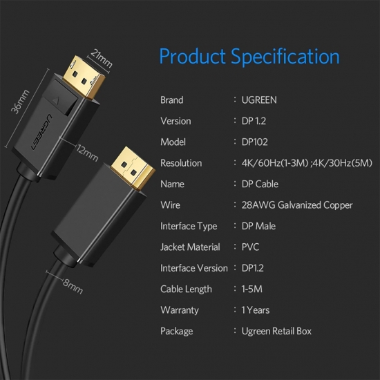 Cáp DisplayPort 1.2 Hỗ trợ 4K@60Hz cao cấp UGREEN DP102