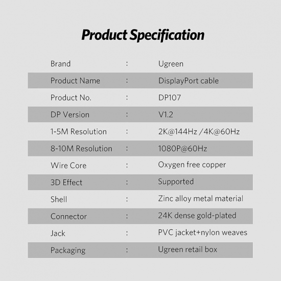 Cáp DisplayPort 1.2 Hỗ trợ 144Hz, 3D, 4K*2K 60Hz  cao cấp UGREEN DP107