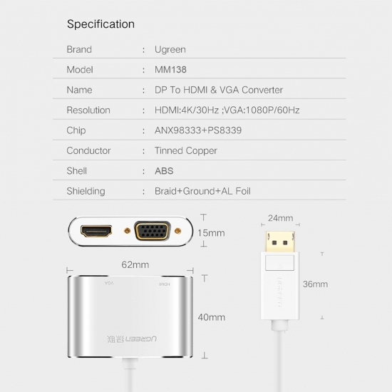 Cáp DisplayPort ra VGA / HDMI 4K@30Hz cao cấp UGREEN MM138