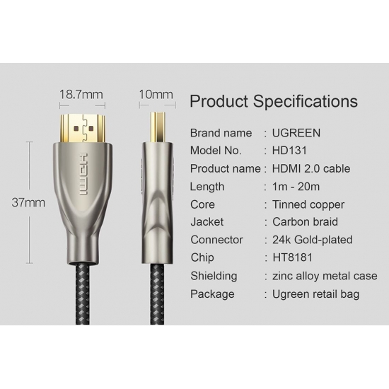 Cáp HDMI 2.0 Sợi Carbon Cao Cấp UGREEN HD131 | Hỗ Trợ 4K@60Hz