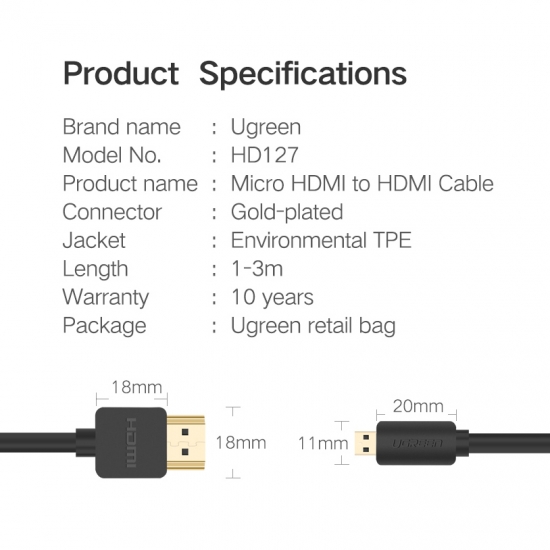 Cáp Micro HDMI ra HDMI hỗ trợ 3D 4K Cao Cấp UGREEN HD127