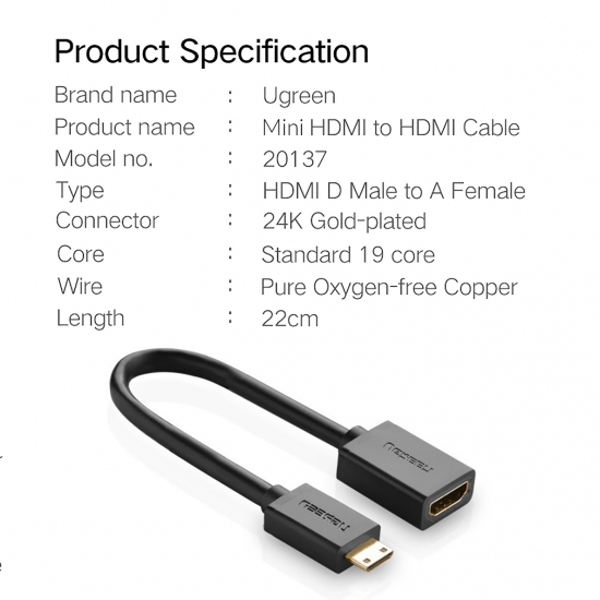 Cáp Chuyển Đổi Mini HDMI ra HDMI 2.0 Hỗ trợ 4K@60Hz Cao Cấp UGREEN 20137