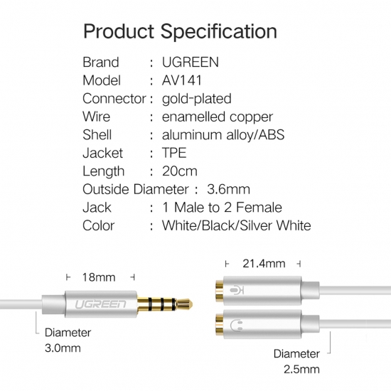 Cáp Chia Audio 3.5mm ra Tai Nghe & Mic riêng biệt Cao Cấp UGREEN AV141