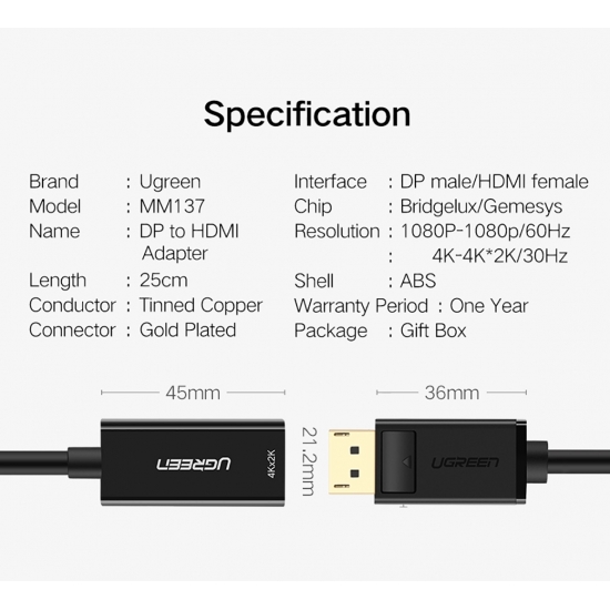 Cáp Chuyển DisplayPort ra HDMI Cao Cấp UGREEN MM137