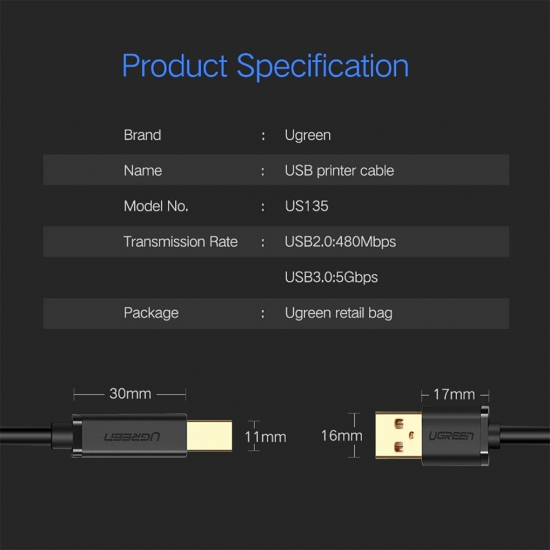 Cáp máy in USB 2.0 cao cấp UGREEN US135