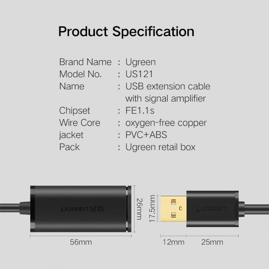 Cáp Nối Dài USB 2.0 Hỗ trợ Chipset khuếch đại tín hiệu Cao Cấp UGREEN US121