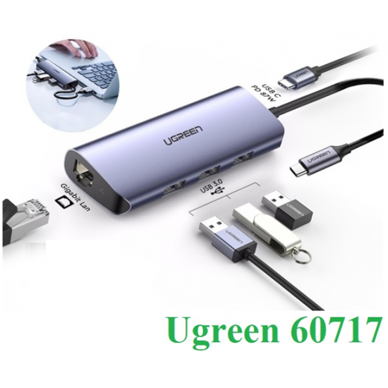 HUB USB-C to LAN 100/1000Mbps Kèm HUB 3 Cổng USB 3.0 Ugreen 60717 (Hỗ trợ USB-C sạc ngược)