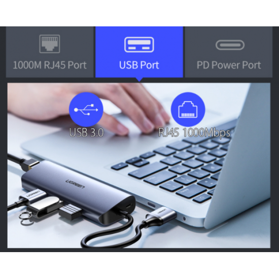 HUB USB-C to LAN 100/1000Mbps Kèm HUB 3 Cổng USB 3.0 Ugreen 60717 (Hỗ trợ USB-C sạc ngược)