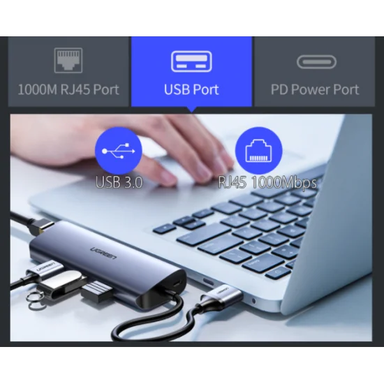 HUB USB-C to LAN 100/1000Mbps Kèm HUB 3 Cổng USB 3.0 Ugreen 60717 (Hỗ trợ USB-C sạc ngược) HUB USB-C to LAN 100/1000Mbps Kèm HUB 3 Cổng USB 3.0 Ugreen 60717 (Hỗ trợ USB-C sạc ngược)
