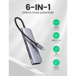 HUB USB-C to HDMI kèm Hub 2x USB 3.0 + SD/TF Cao Cấp Ugreen 70411 ( Hổ trợ sạc ngược USB -C )