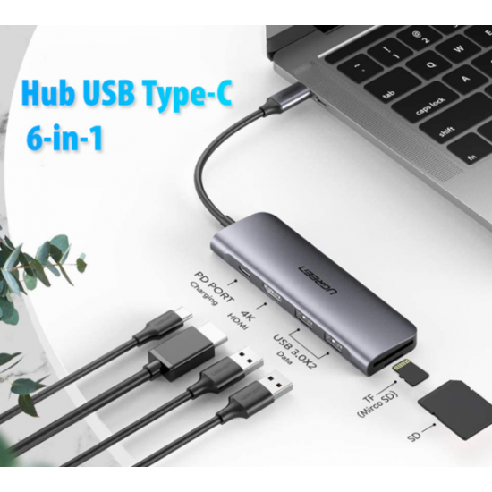HUB USB-C to HDMI kèm Hub 2x USB 3.0 + SD/TF Cao Cấp Ugreen 70411 ( Hổ trợ sạc ngược USB -C )