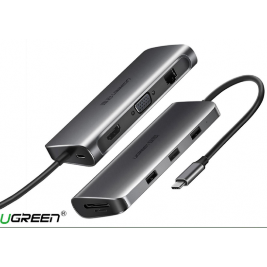 Bộ chuyển USB C to HDMI + VGA + USB 3.0 + LAN 1Gbps + Card Reader đa năng Ugreen CM179