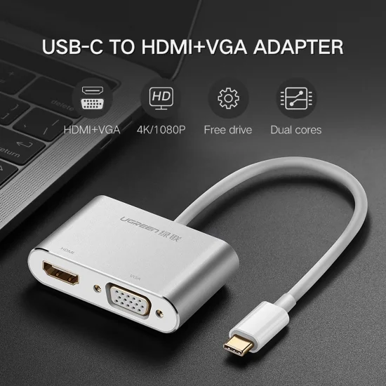 Cáp chuyển USB Type C ra VGA và HDMI 4k Ugreen CM162 Cáp chuyển USB Type C ra VGA và HDMI 4k Ugreen CM162