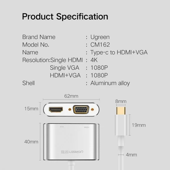 Cáp chuyển USB Type C ra VGA và HDMI 4k Ugreen CM162 Cáp chuyển USB Type C ra VGA và HDMI 4k Ugreen CM162