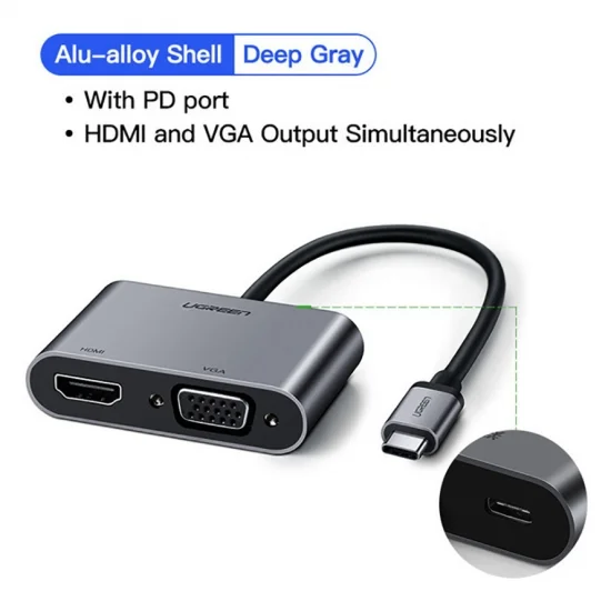 Cáp chuyển USB Type C ra VGA và HDMI 4k Ugreen CM162 Cáp chuyển USB Type C ra VGA và HDMI 4k Ugreen CM162