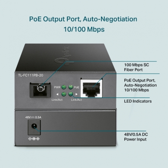 10/100Mbps WDM Media Converter with 1-Port PoE Tplink (TL-FC111PB-20)