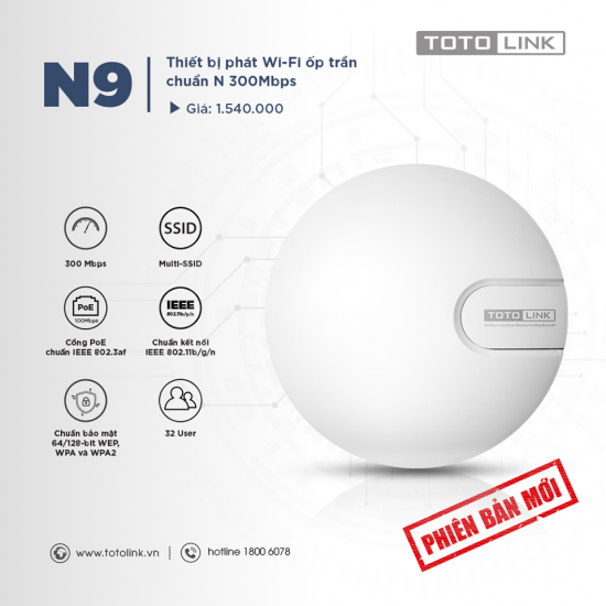 N9 - V2 - Thiết bị phát Wi-Fi TOTOLINK ốp trần chuẩn N 300Mbps